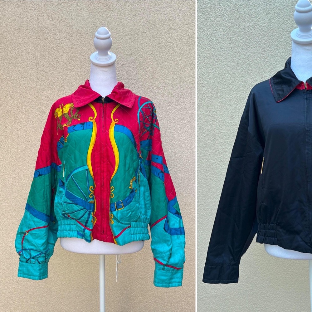 Laurel Germany Reversable silk bomber jacket- black colorful abstract belts